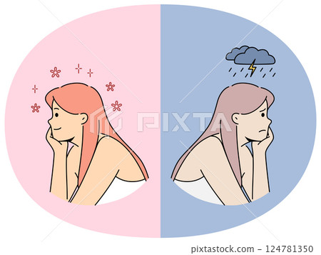 Women in opposite mood with thundercloud and spring flowers overhead, metaphor influence of climate Women in opposite mood with thundercloud and spring flowers overhead, metaphor influence of climate 124781350