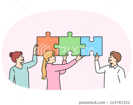 Teamwork business people putting together puzzle to jointly solve problem increasing company profits Teamwork business people putting together puzzle to jointly solve problem increasing company profits 124781352