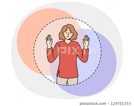 Sad woman cannot get out transparent circle symbolizing comfort zone and stands with hands raised Sad woman cannot get out transparent circle symbolizing comfort zone and stands with hands raised 124781353