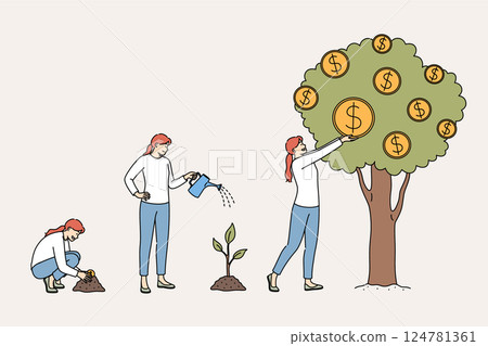 Financial progress is demonstrated by woman planting coin in ground and seeing tree grow 124781361