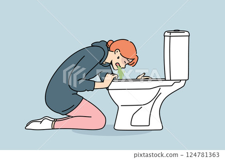 Woman vomits into toilet due to food poisoning caused by consumption of high-quality products 124781363