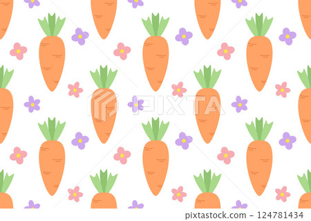 Seamless colorful pattern with carrots and pink and purple flowers on white Seamless colorful pattern with carrots and pink and purple flowers on white 124781434