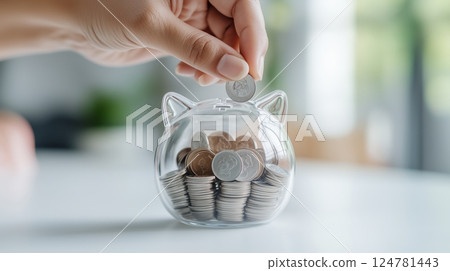 A person's hand inserting a coin into a transparent piggy bank full of stainless steel coins A person's hand inserting a coin into a transparent piggy bank full of stainless steel coins 124781443