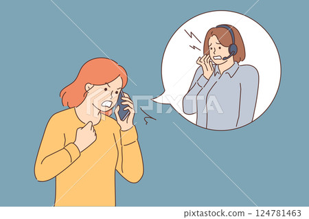 Swearing at call center operator is done by angry female user who received poor quality services 124781463