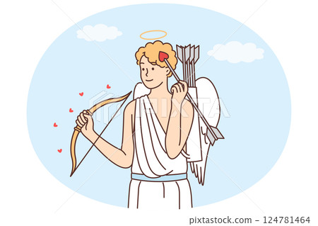 Ancient Greek god cupid with bow and arrow with tip in form of heart stands wanting to give love Ancient Greek god cupid with bow and arrow with tip in form of heart stands wanting to give love 124781464