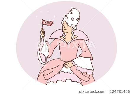 Woman in puffy dress for medieval ball with mask on stick and puffy superb hairstyle 124781466