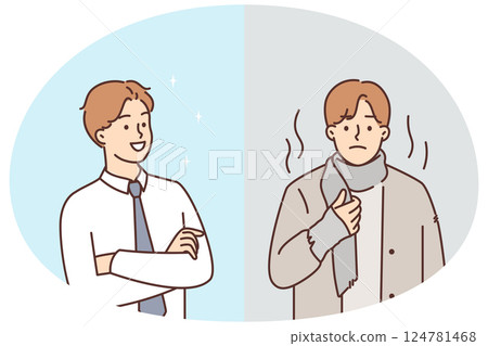 Successful man standing with arms crossed smiling while standing near homeless human 124781468