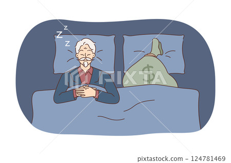 Greedy old man sleeps in bed next to bag full of money, out of fear of losing accumulated capital 124781469