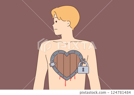 Man with broken heart stands shirtless, showing bloody streaks and padlock on chest Man with broken heart stands shirtless, showing bloody streaks and padlock on chest 124781484