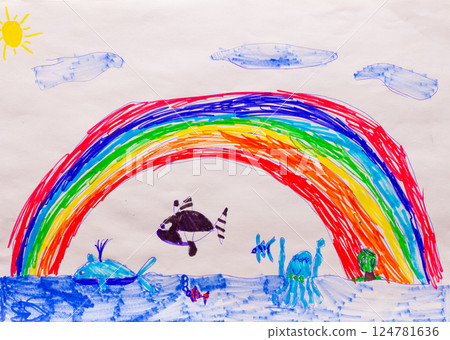 Marine animals in ocean under rainbow made by child using felt tip pens or markers painting 124781636