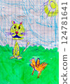 Yellow tiger and orange bird on green grass and sun drawn by child using pen and felt tip pens 124781641
