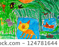 Colorful zoo scene with lion, tiger, elephant, giraffe, monkey, and birds drawn by child using felt-tip pens on white paper 124781644