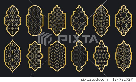 Traditional islamic windows with golden patterns Traditional islamic windows with golden patterns 124781727