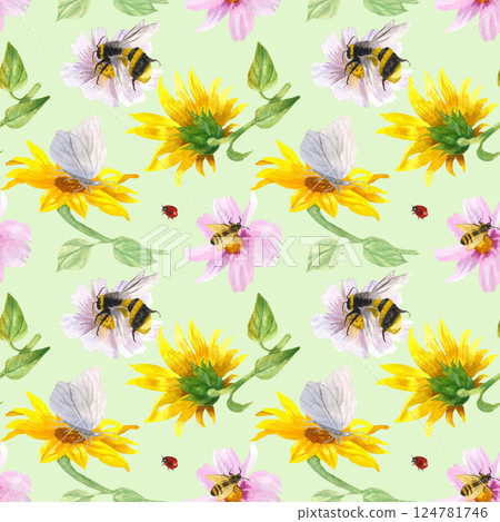 Seamless pattern with sunflowers and bees 124781746
