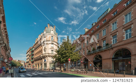 Panorama showing Rue de Metz timelapse in Toulouse, Occitanie, France, with historic facades Panorama showing Rue de Metz timelapse in Toulouse, Occitanie, France, with historic facades 124781923