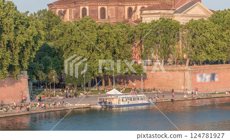 Aerial view of Port de la Daurade park along the Garonne River timelapse in Toulouse, France. 124781927