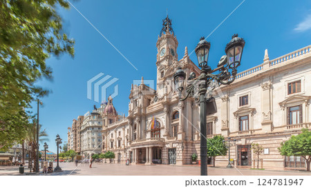 Valencia City Hall or Ajuntament de Valencia timelapse hyperlapse in Plaza de Ayuntamiento. Spain 124781947
