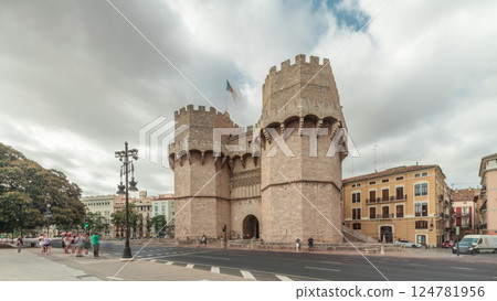 Serrans Towers or Torres de Serranos timelapse hyperlapse in Valencia, Spain. 124781956