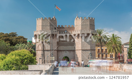 Serrans Towers or Torres de Serranos timelapse hyperlapse in Valencia, Spain. Serrans Towers or Torres de Serranos timelapse hyperlapse in Valencia, Spain. 124781957