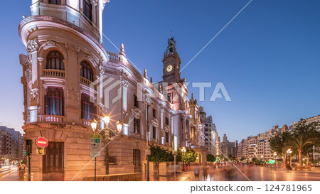 Valencia City Hall or Ajuntament de Valencia day to night timelapse hyperlapse in Plaza de Ayuntamiento. Spain Valencia City Hall or Ajuntament de Valencia day to night timelapse hyperlapse in Plaza de Ayuntamiento. Spain 124781965
