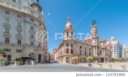 Valencia City Hall or Ajuntament de Valencia timelapse hyperlapse in Plaza de Ayuntamiento. Spain 124781969