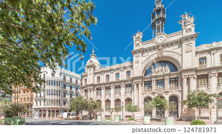 Historic Post Office in Valencia timelapse panorama at City Hall Square. Spain 124781971