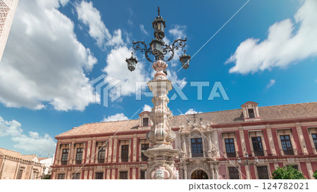 Archbishop Palace of Seville and Fuente Farola Fountain on Plaza de Virgen de los Reyes timelapse 124782021