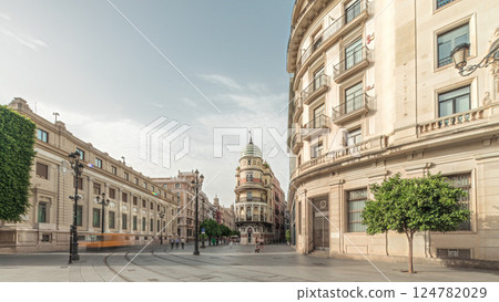Street view of Constitucion avenue with historical buildings and trams timelapse Street view of Constitucion avenue with historical buildings and trams timelapse 124782029