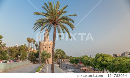 Torre del Oro Watchtower and Waterfront Timelapse hyperlapse, Seville, Spain 124782034