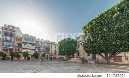 Street panoramic view of Constitucion avenue with historical buildings and trams timelapse Street panoramic view of Constitucion avenue with historical buildings and trams timelapse 124782051