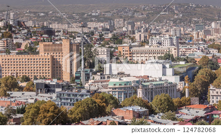 Aerial view of column of freedom in the center of the city timelapse in Tbilisi. Georgia 124782068