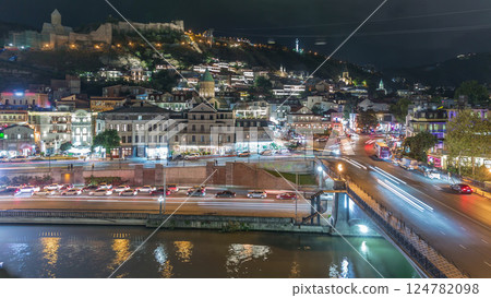 Colorful traditional houses with wooden carved balconies in the Old Town of Tbilisi aerial timelapse, Georgia. 124782098