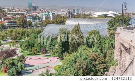 The Musical Theatre and the Exhibition Hall located inside the Rhike Park in Tbilisi aerial timelapse The Musical Theatre and the Exhibition Hall located inside the Rhike Park in Tbilisi aerial timelapse 124782113