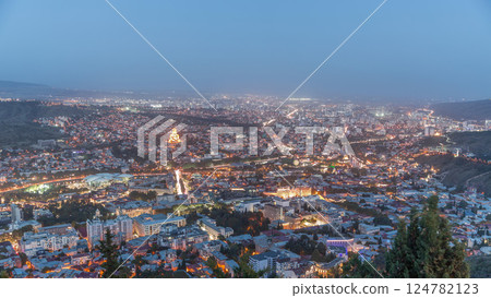 Tbilisi cityscape at twilight, Georgia day to night transition timelapse. 124782123
