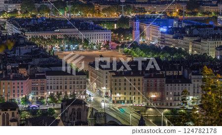 Aerial timelapse of Place Bellecour from Fourviere Hill in Lyon, France, the largest pedestrian square in Europe at night Aerial timelapse of Place Bellecour from Fourviere Hill in Lyon, France, the largest pedestrian square in Europe at night 124782178