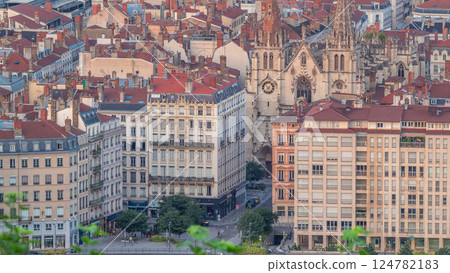Aerial timelapse of the Church of Saint-Nizier in the Presqu'ile district of Lyon, France. 124782183