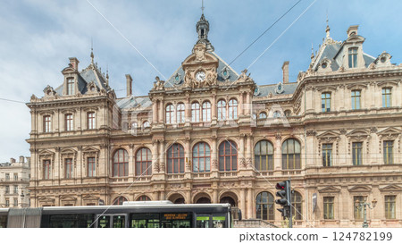 Hyperlapse of Palais de la Bourse or Palais du Commerce front view in the Les Cordeliers quarter, Lyon, France. 124782199