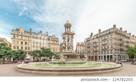 Hyperlapse of Place des Jacobins in Lyon, France, featuring the ornate Fontaine des Jacobins surrounded by historic buildings. Hyperlapse of Place des Jacobins in Lyon, France, featuring the ornate Fontaine des Jacobins surrounded by historic buildings. 124782203