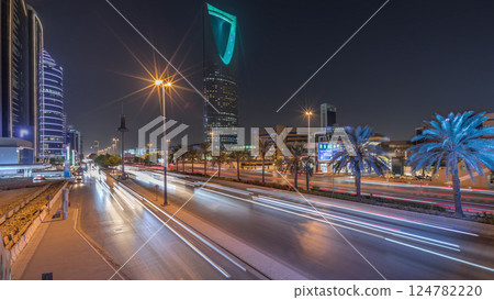 Panoramic aerial night timelapse of Riyadh featuring highway traffic, Kingdom Tower. Saudi Arabia 124782220