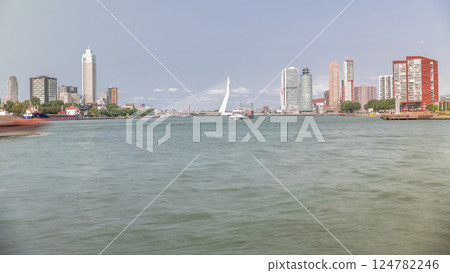 Timelapse of Erasmus Bridge, called The Swan, spanning the Maas River in Rotterdam, Netherlands. Timelapse of Erasmus Bridge, called The Swan, spanning the Maas River in Rotterdam, Netherlands. 124782246