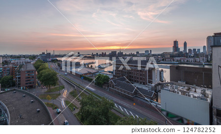 Aerial panoramic view over Maashaven day to night timelapse in Rotterdam. Aerial panoramic view over Maashaven day to night timelapse in Rotterdam. 124782252