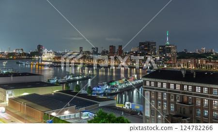 Aerial panoramic view over Maashaven night timelapse in Rotterdam. 124782266