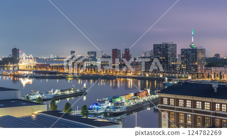 Aerial view over towers in Maashaven night to day timelapse in Rotterdam 124782269