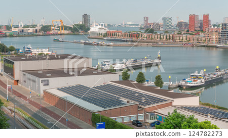Aerial timelapse view over Maashaven with Katendrecht and Maas River. Netherlands 124782273