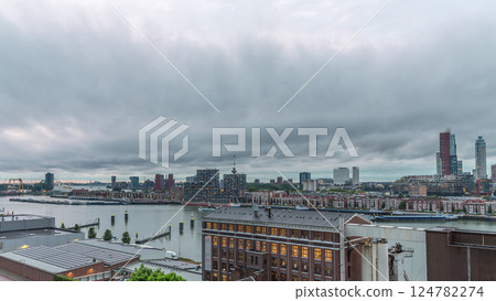 Aerial panoramic view over Maashaven day to night timelapse in Rotterdam. 124782274