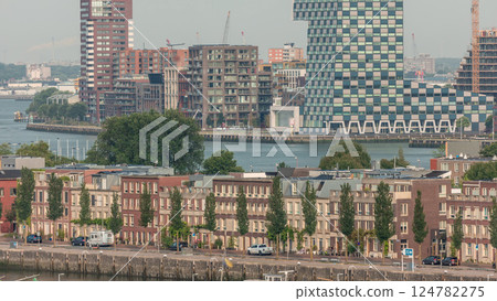 Panoramic aerial timelapse of Katendrecht peninsula and Maashaven harbour in Rotterdam, The Netherlands. 124782275