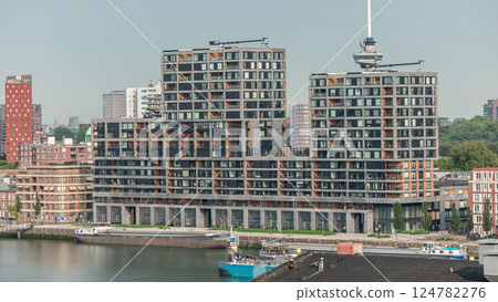 Panoramic aerial timelapse of Katendrecht peninsula and Maashaven harbour in Rotterdam, The Netherlands. 124782276
