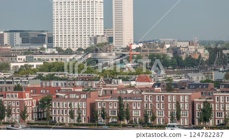 Panoramic aerial morning timelapse of Katendrecht peninsula and Maashaven harbour in Rotterdam, The Netherlands. 124782287
