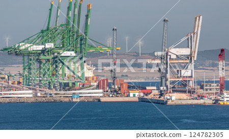 Aerial view of container cargo terminal of commercial port timelapse, business logistics and transport industry in Sines, Portugal. Aerial view of container cargo terminal of commercial port timelapse, business logistics and transport industry in Sines, Portugal. 124782305