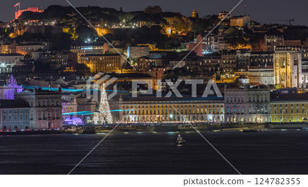 Timelapse of Lisbon's Commerce Square illuminated for Christmas. 124782355
